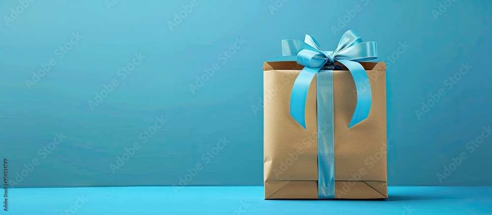 Poster A gift box is placed inside a paper bag against a blue background with ample space for adding text or images in the empty area