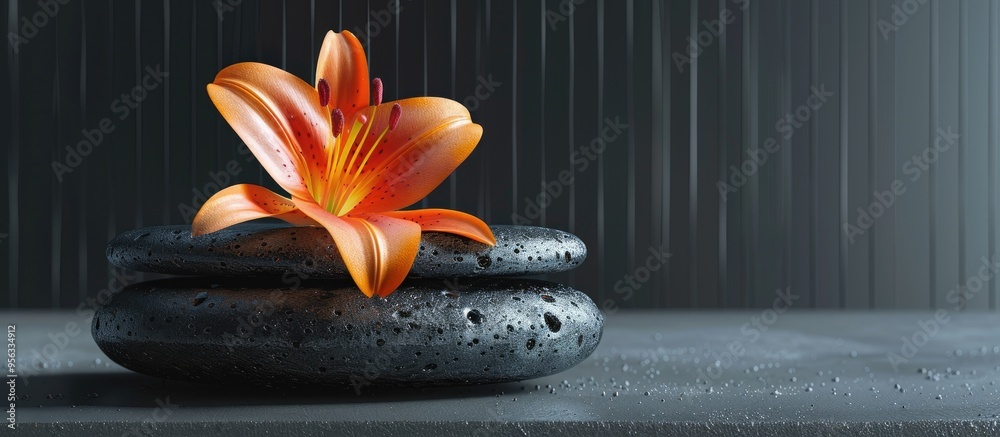 Poster Podium display featuring a black textured stone with an orange lily atop creates an elegant composition with copy space image