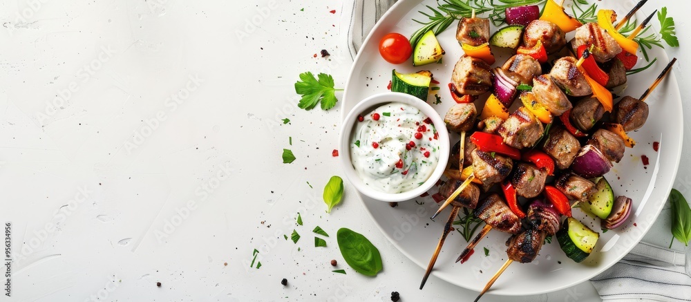 Poster Top view of a Mediterranean lunch featuring roasted skewers tzatziki sauce and veggies on a white background with copy space image