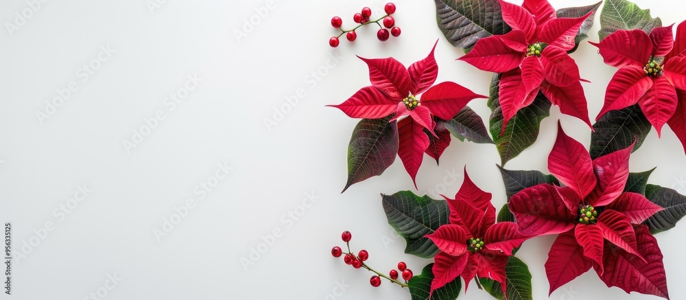 Aufkleber red and pink poinsettia flowers arranged on a white surface with room for text suitable as a copy sp