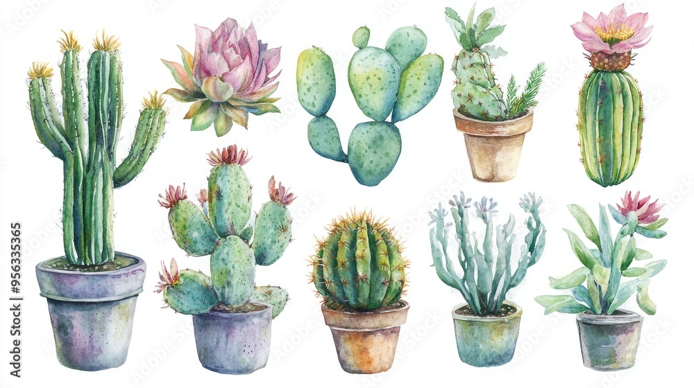 Poster Watercolor illustration set featuring cactus floral botanical designs