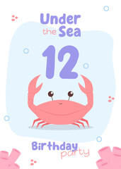 Ocean life twelfth birthday invite for kids. Festive party card with a cheerful red crab and coral accents in soft hues.