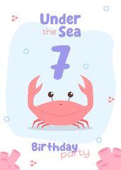 Cute marine-themed birthday card for kids. Seventh birthday invitation with a red crab and pink corals in gentle colors.