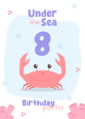 Sea life eighth birthday celebration card. Adorable kids' invitation with a red crab and pink coral in pastel tones.