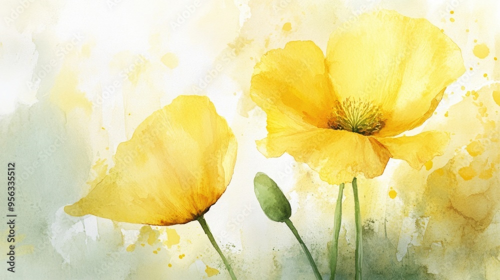 Wall mural Watercolor Illustration of Yellow Poppy Flowers in Abstract Style