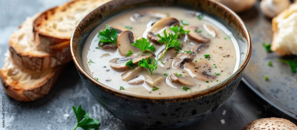 Fototapete creamy mushroom soup with parsley garnish and bread slices on a table with a copy space image