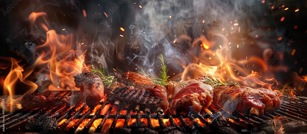 Poster image of various meats grilling on a barbecue with flames and smoke showcasing american cuisine with