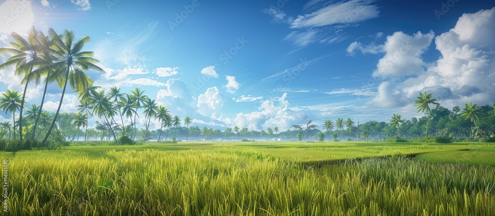 Poster Scenic view of a lush paddy field with coconut trees in the background set against a vibrant sky with white clouds ideal for a copy space image