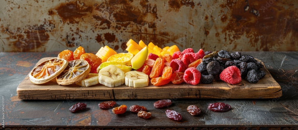 Poster various dried fruits displayed on a rustic wooden board with copy space image