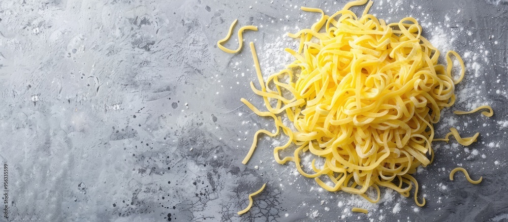 Aufkleber top view of raw dried spaetzle egg noodle on a gray background with copy space image