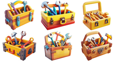 Toolbox set isolated on transparent background, different styles of toolboxes filled with various tools for construction and repair