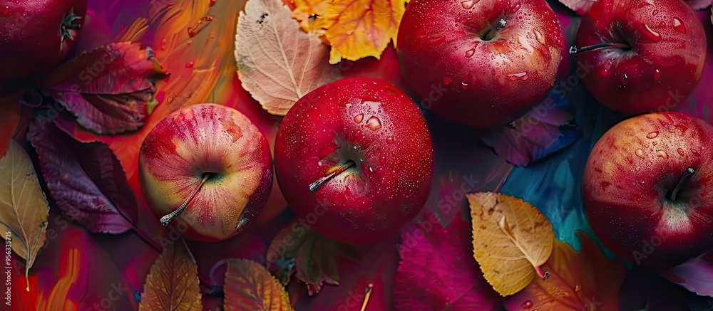 Leinwandbilder Top view of several red apples displayed on a colorful backdrop featuring an autumn themed arrangement An apple is shown from above with copy space image for designs or text