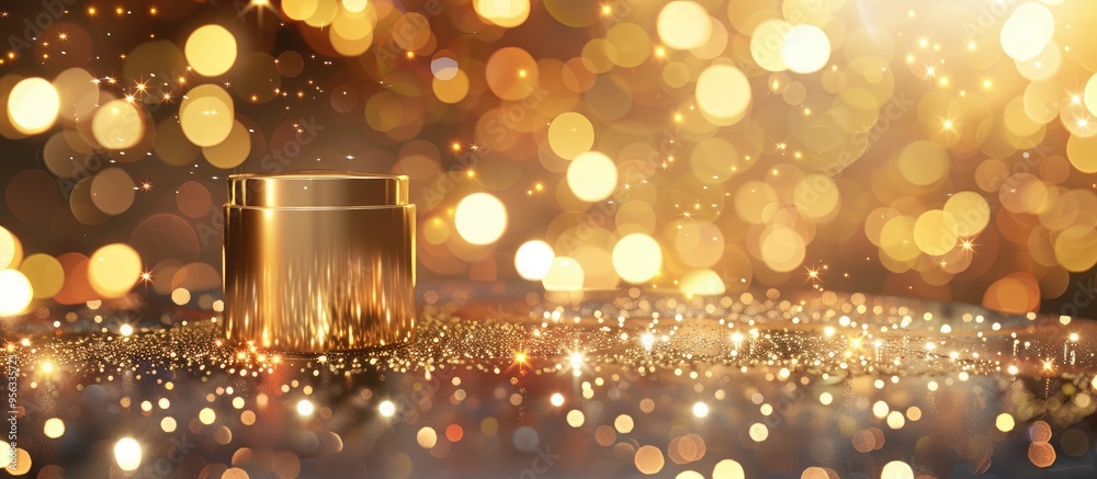 Leinwandbilder A shimmering gold bokeh creates the perfect backdrop for a product display on a pedestal in this festive showcase with a captivating copy space image
