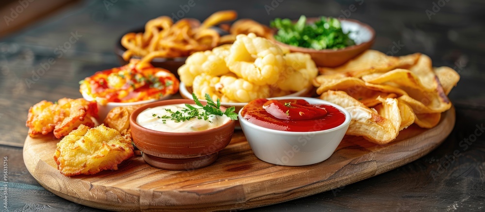 Aufkleber Close up of a wooden serving board with various fried snacks and sauces creating an appetizing copy space image