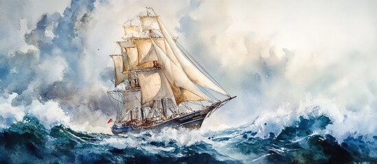 Obraz premium Watercolor seascape featuring a sailing ship fine art artwork