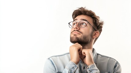 Obraz premium Funny young man in casual clothes thinking and contemplating about the future in new business office, planning to start a new business, looking up.