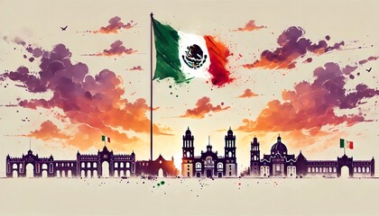 Mexico independence day watercolor illustration with famous landmarks.

