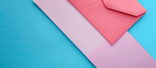 From an aerial perspective a white paper list lays on a vibrant blue surface next to a pink envelope providing ample copy space image