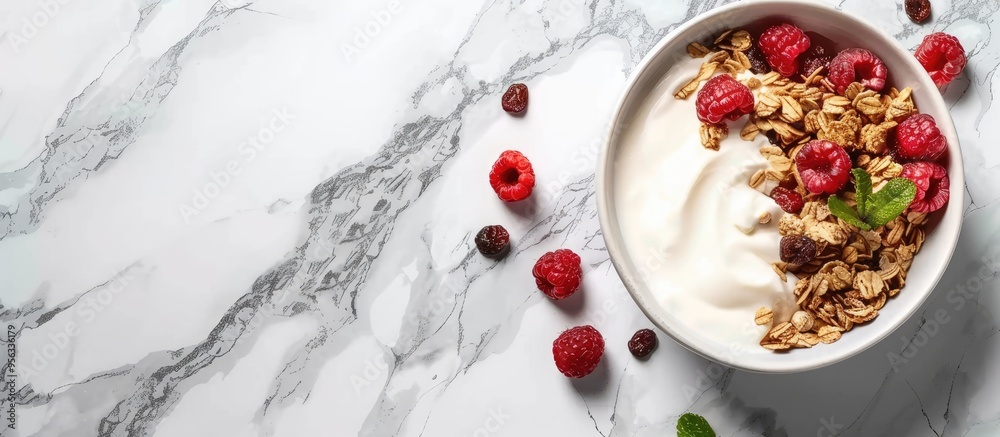 Aufkleber Delicious granola with fruits and yogurt on a white marble surface Banner layout with room for text alongside a vibrant copy space image