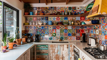 Naklejka premium a bohemian kitchen with a vibrant backsplash and open shelving