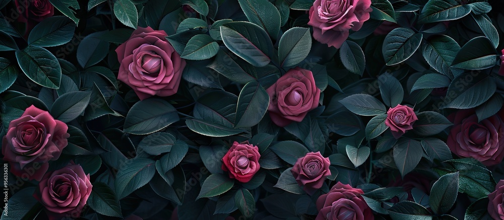 Poster Beautiful dark pink tea roses with dark green foliage background at the frame s edge creating a copy space image