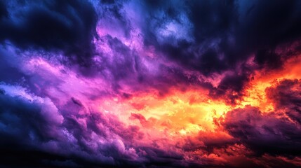 Obraz premium Vibrant Twilight Drama: Vivid Orange and Purple Sunset Sky with Dark Clouds