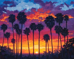 Obraz premium Oil painting depicting a sunset view over palm trees capturing the serene atmosphere and vibrant colors of twilight