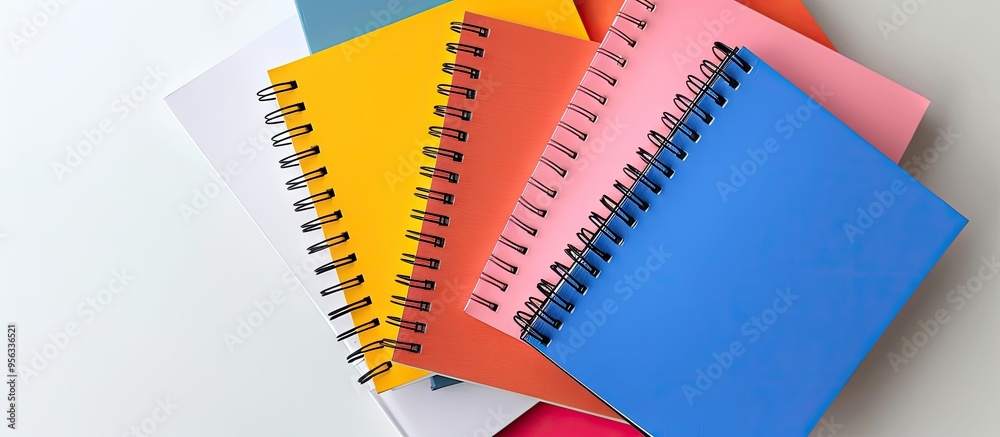 Sticker Flat lay composition of colorful notebooks arranged on a white background for school or office use offering ample copy space for display