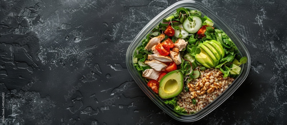 Leinwandbilder glass container on black table filled with a fresh salad avocado chicken and buckwheat seen from abo