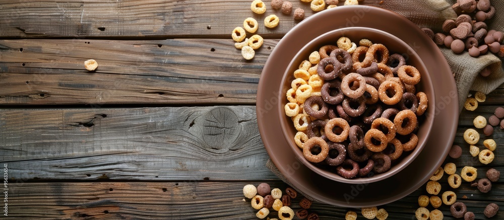 Poster natural cereal chocolate and corn rings served with milk in a plate on a rustic wooden background pe