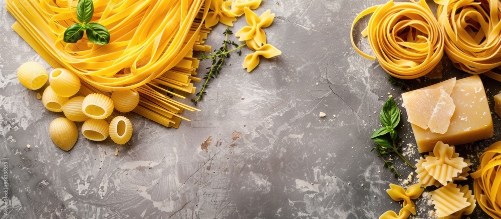 Aufkleber Light background enhances the composition with various uncooked pastas and thyme offering copy space image