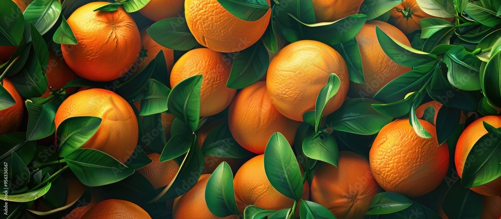 Fototapete A close up view of a stack of fresh oranges in a market stall with lush green leaves peeking through creating an inviting copy space image