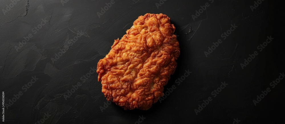 Poster Top view of a Viennese veal escalope a Schnitzel steak on a black background with ample copy space image
