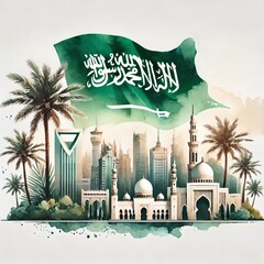 Saudi national day poster illustration in watercolor style with famous landmarks. 