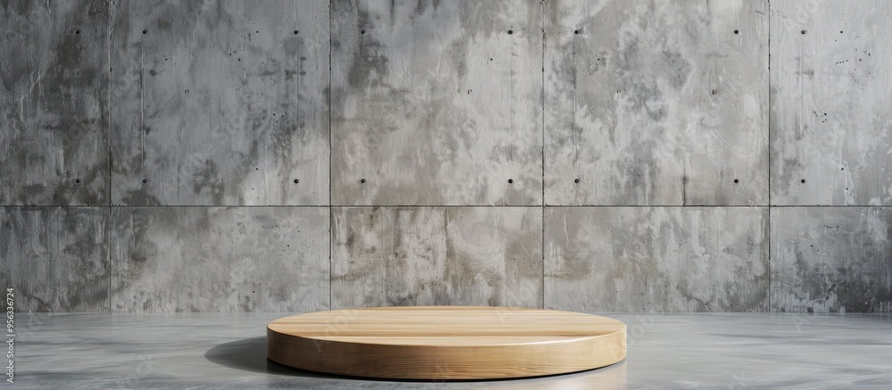 Poster wooden podium stand with copy space image against concrete backdrop