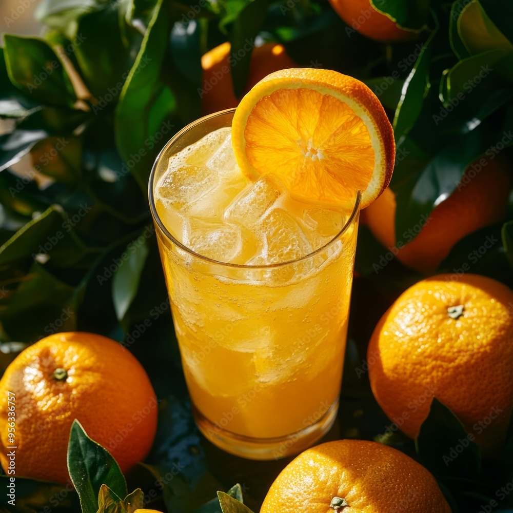 Poster A refreshing orange juice drink in a tall glass with ice and a slice of orange, surrounded by fresh oranges.