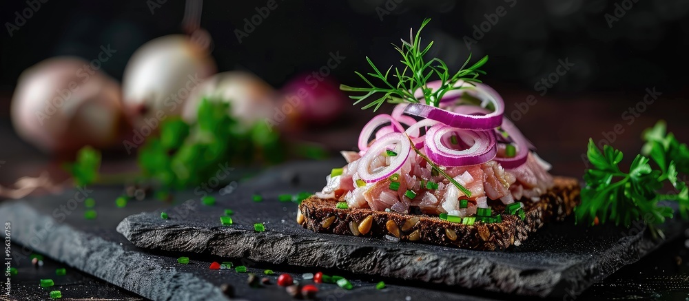 Poster A canape with salted herring onions on dark bread displayed with copy space image on a black background