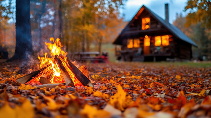 Cozy campfire glowing brightly in autumn, surrounded by colorful fallen leaves and a rustic cabin in the background