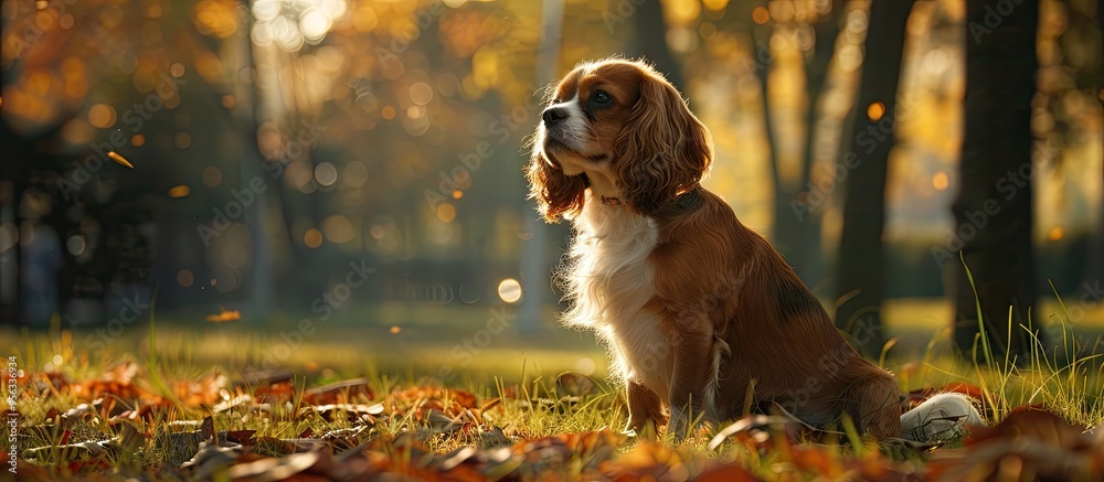 Poster a cavalier charles spaniel is seen happily wandering in the park with a beautiful landscape in the b