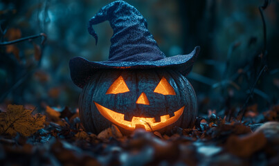 Naklejka premium Halloween pumpkin in the forest at night with witch hat. Spooky scary dark Night forrest. Holiday event halloween banner background concept.