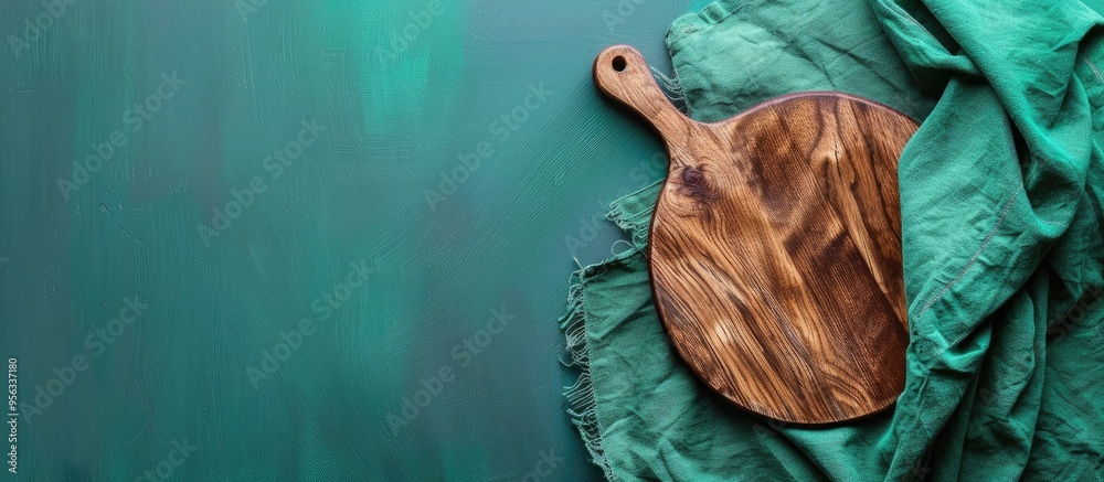 Aufkleber Top view of a cutting board with a napkin on a colored background displaying copy space image