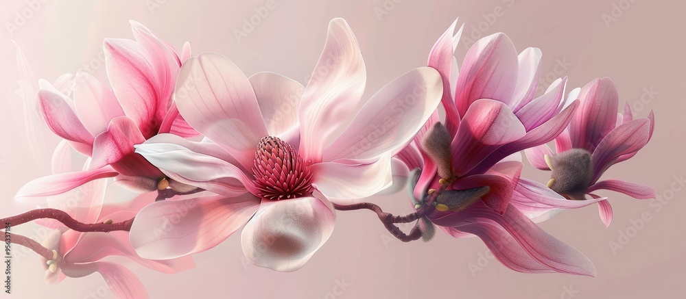 Poster A pink magnolia flower in full bloom showcasing wide petals with a gradient fading from dark pink to light pink all set against a branch with multiple similar flowers perfect for a copy space image