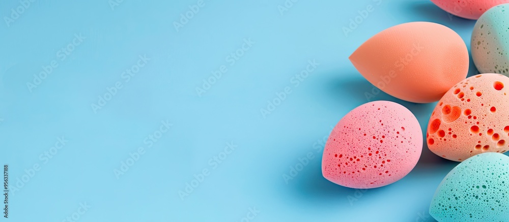 Poster various makeup sponges displayed on a blue background with copy space image