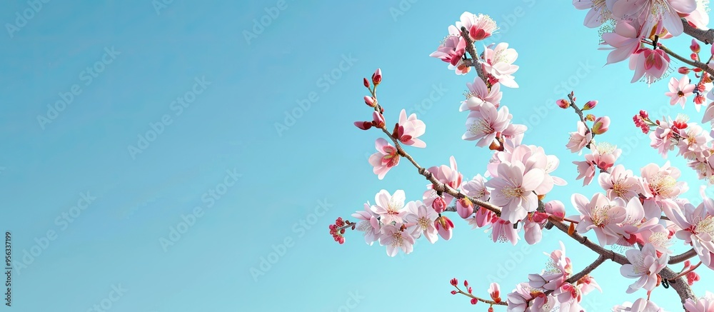 Poster almond tree branches in bloom set against a clear blue sky perfect for spring themed copy space imag