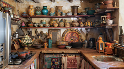 a bohemian kitchen with open shelves displaying unique pottery