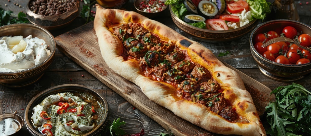 Poster A table featuring a variety of Turkish pide ayran and salad with empty space for adding additional items in the image
