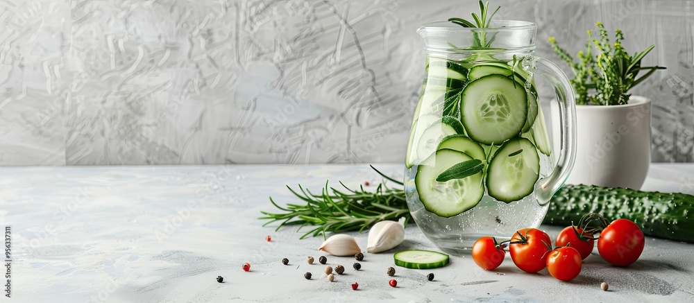 Aufkleber a jug of cucumber water with rosemary sits alongside vegetables on a white table providing ample spa