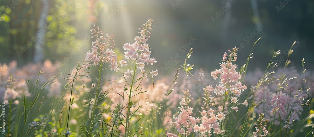 Aufkleber meadow flowers like filipendula ulmaria on a forest field with a vibrant natural setting ideal as a 