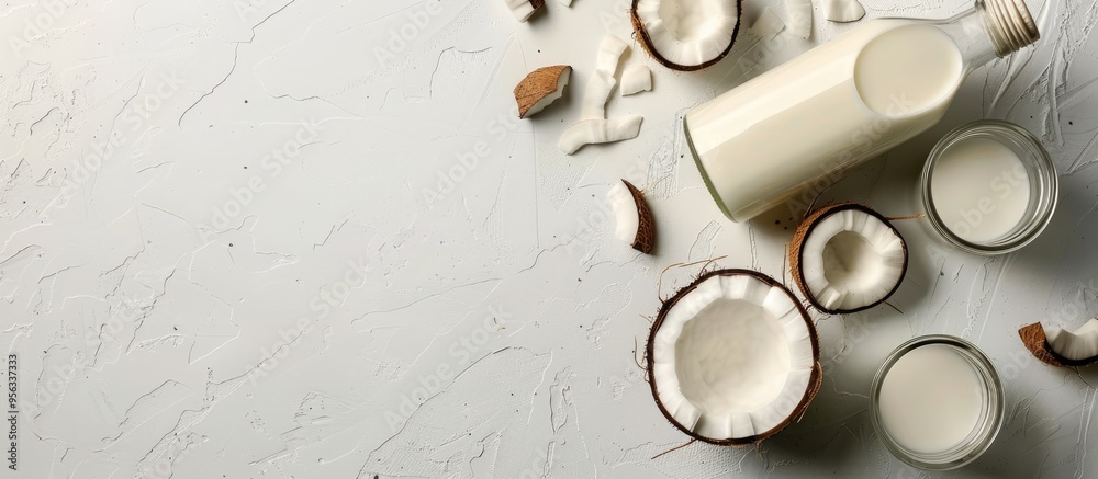 Aufkleber a bottle and a glass with coconut milk placed on a white background with space for text or images. c