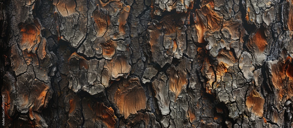 Poster Detailed closeup showcasing the textured rough tree trunk as an abstract background with copy space image